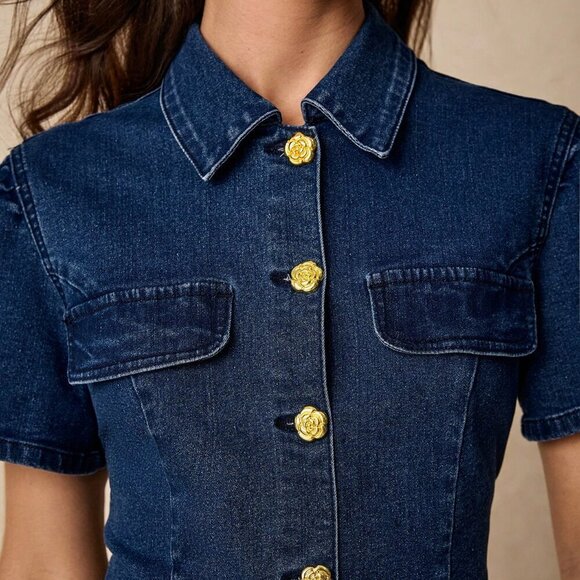 Dark Wash Casual Women's Denim Button-Up Mini Dress - Picture 6 of 7